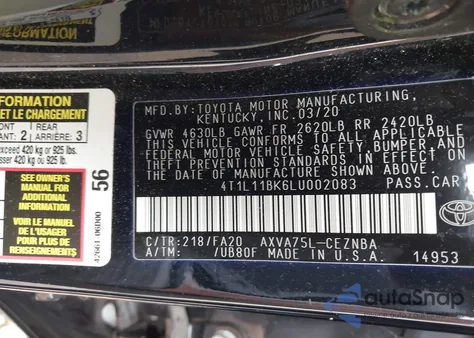 2020 Toyota Camry Le Awd z USA, uszkodzony, nr VIN 4T1L11BK6LU002083